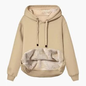 Autumn And Winter Warm Lamb Fleece Pocket Hooded Sports Sweatshirt Jacket For Women (Option: Khaki-M)